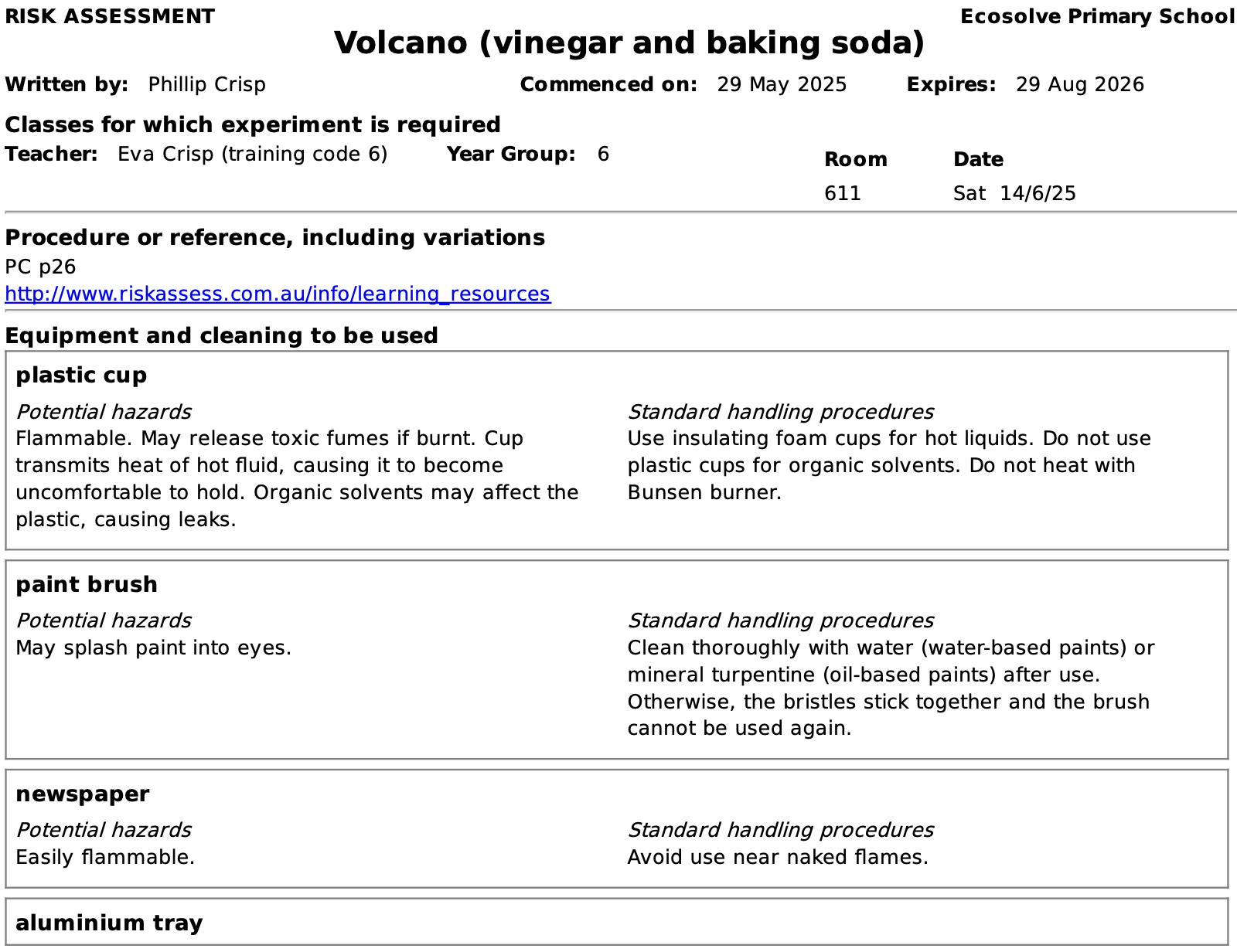 Sample risk assessment